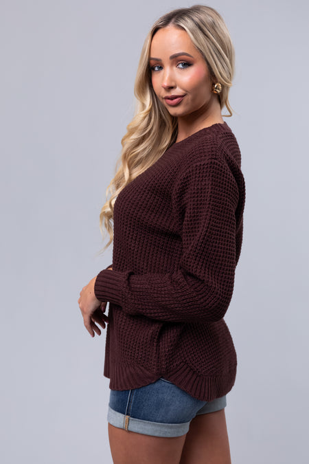 Chocolate Thick Waffle Knit Curved Hem Sweater