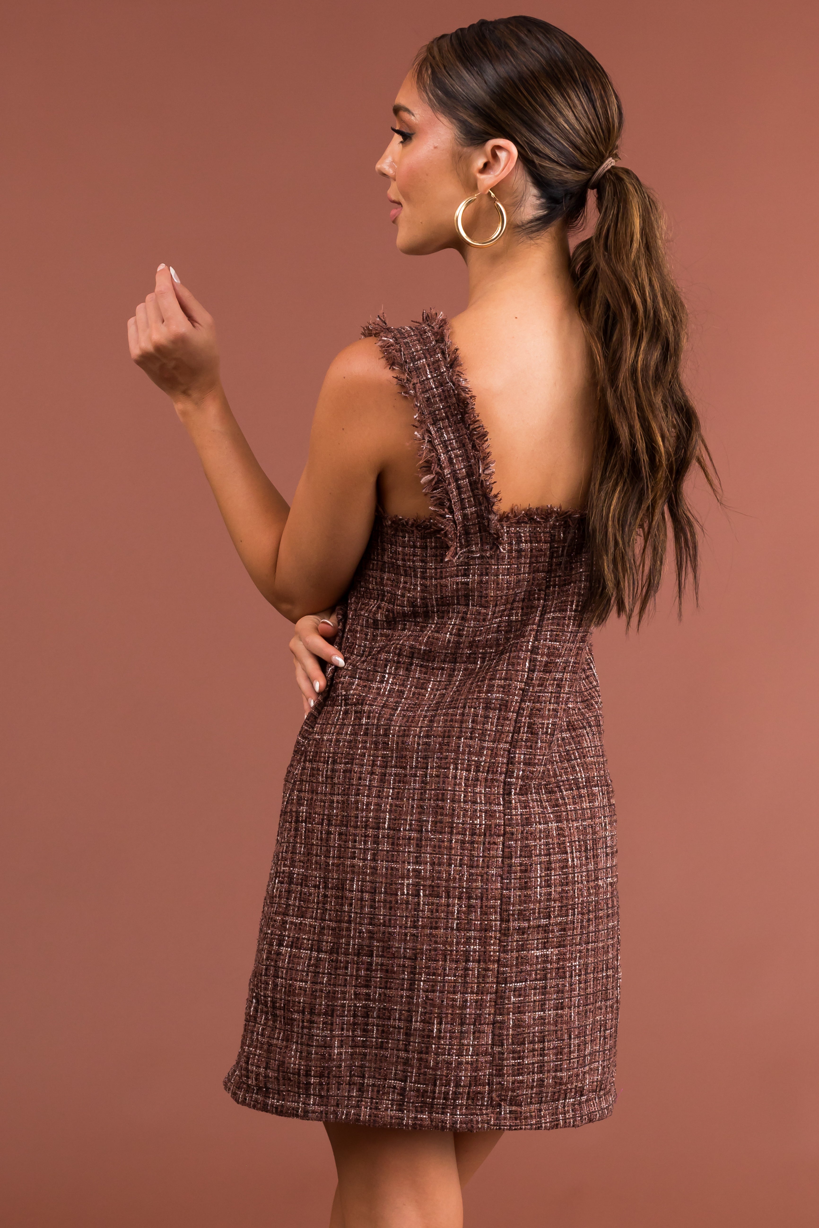 Chocolate Tweed Mini Dress with Frayed Straps