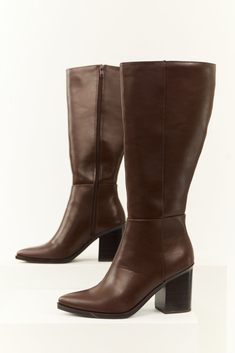 Chocolate Faux Leather Pointed Toe Boots