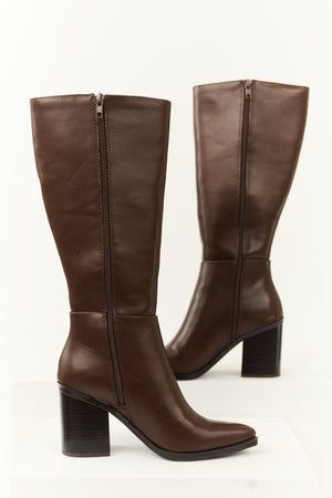 Chocolate Faux Leather Pointed Toe Boots