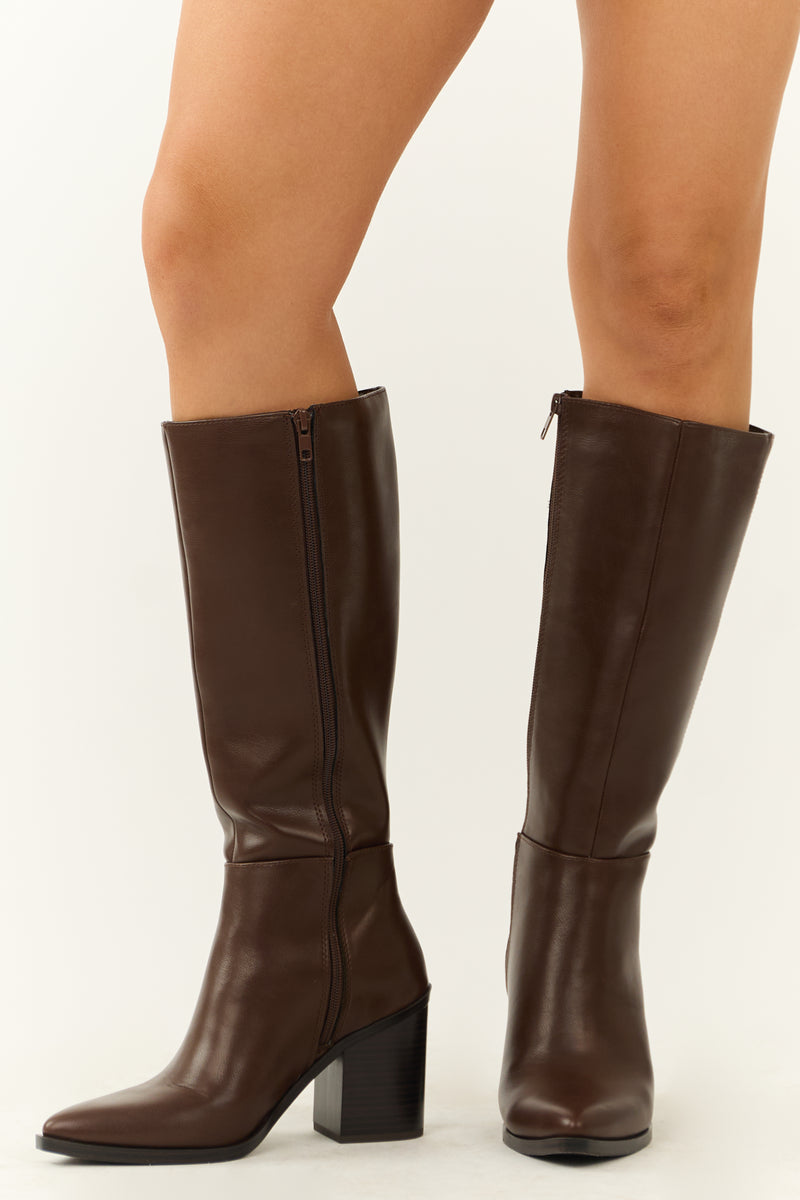 Chocolate Faux Leather Pointed Toe Boots