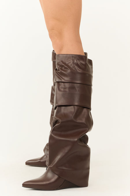 Chocolate Faux Leather Slouchy Knee High Boots