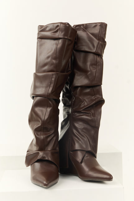 Chocolate Faux Leather Slouchy Knee High Boots