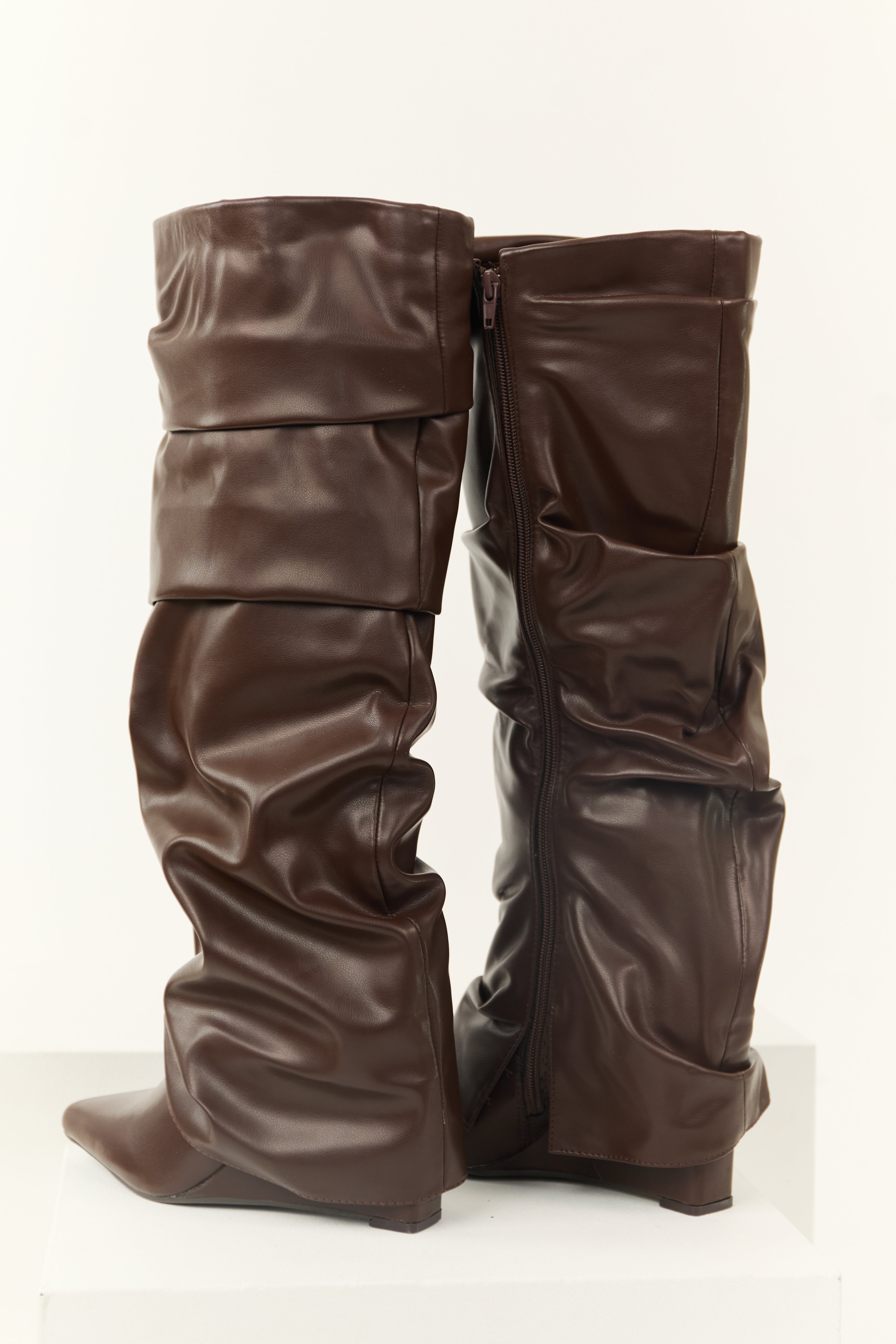 Chocolate Faux Leather Slouchy Knee High Boots