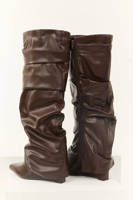 Chocolate Faux Leather Slouchy Knee High Boots