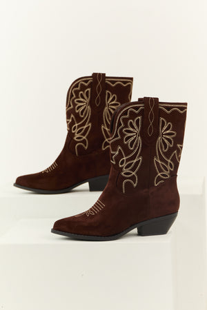 Chocolate Faux Suede Mid Calf Embroidered Boots