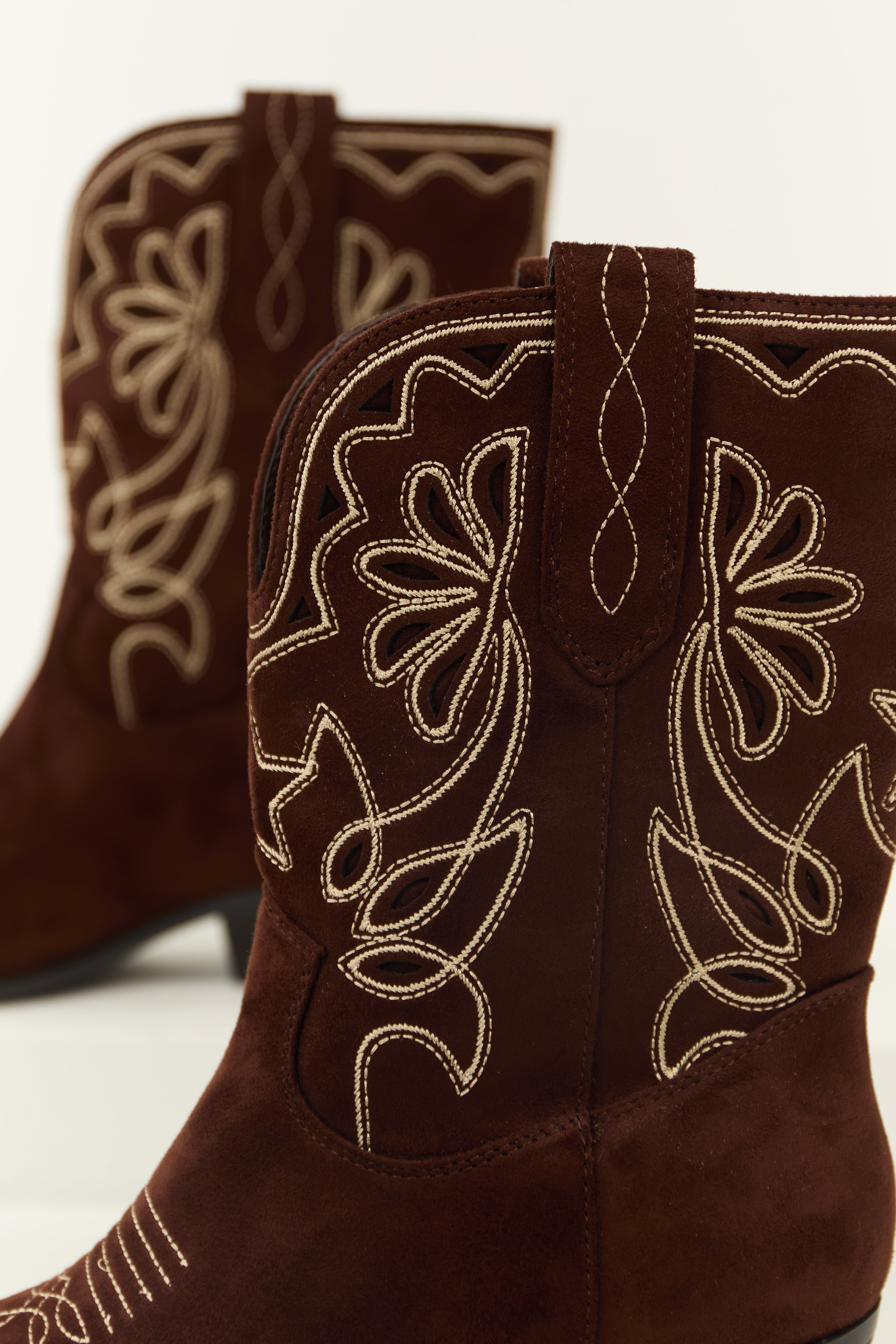 Chocolate Faux Suede Mid Calf Embroidered Boots