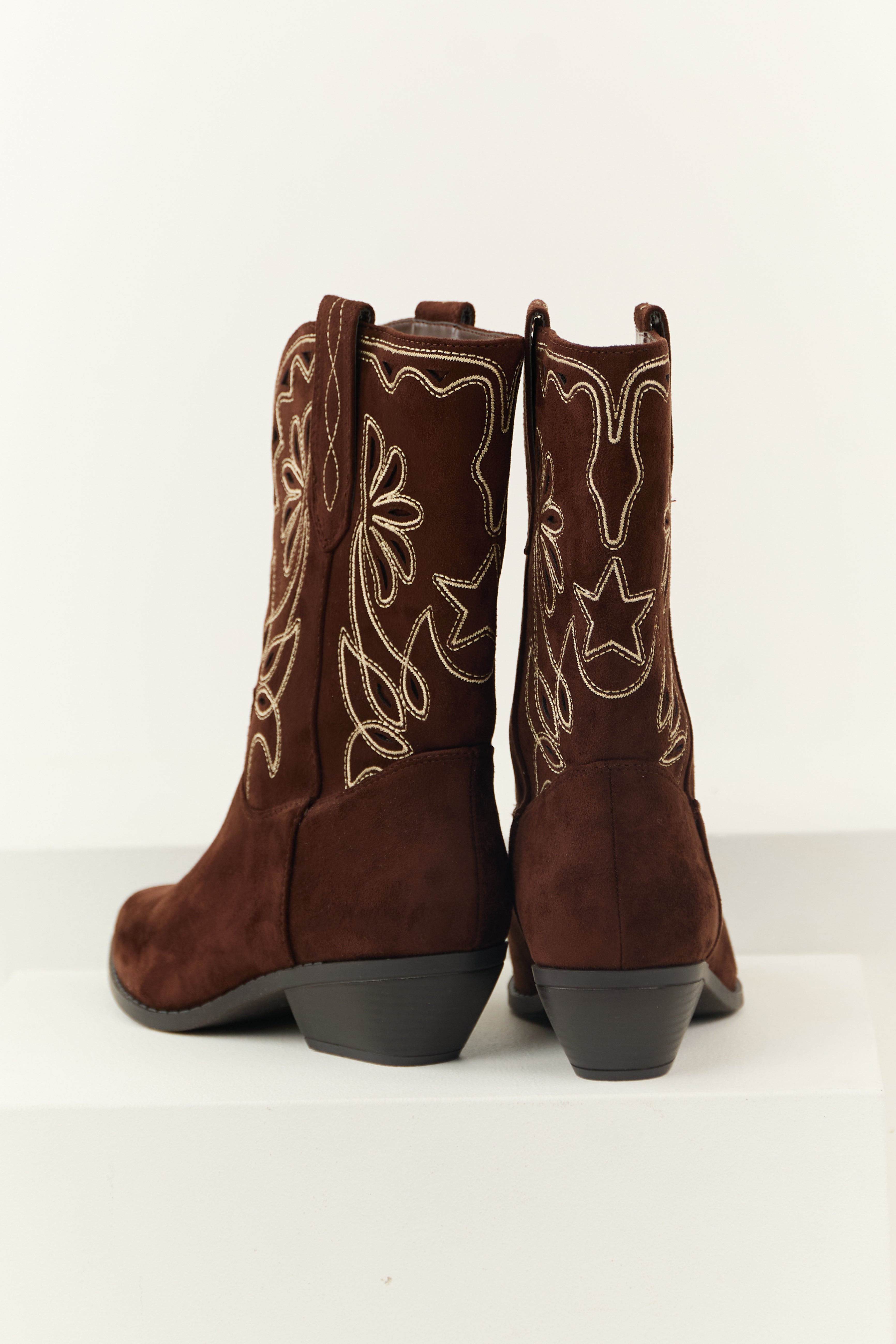 Chocolate Faux Suede Mid Calf Embroidered Boots