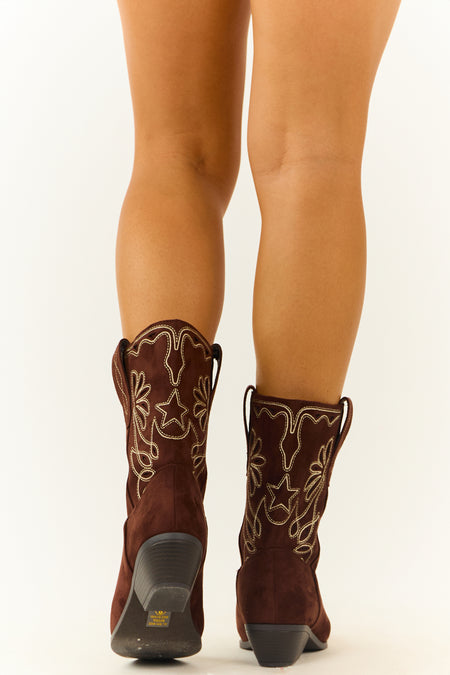 Chocolate Faux Suede Mid Calf Embroidered Boots