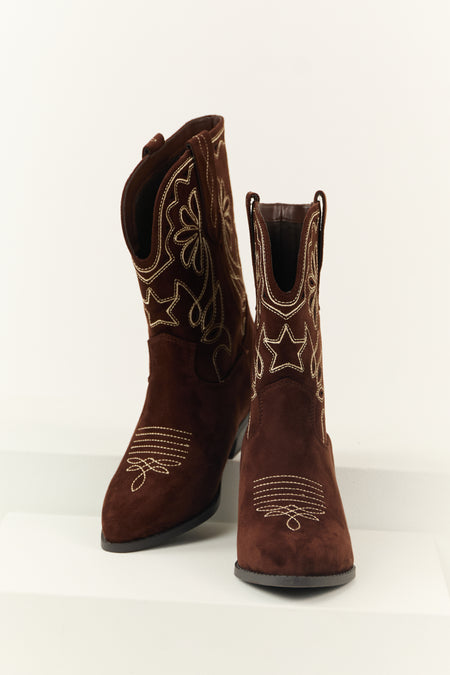 Chocolate Faux Suede Mid Calf Embroidered Boots