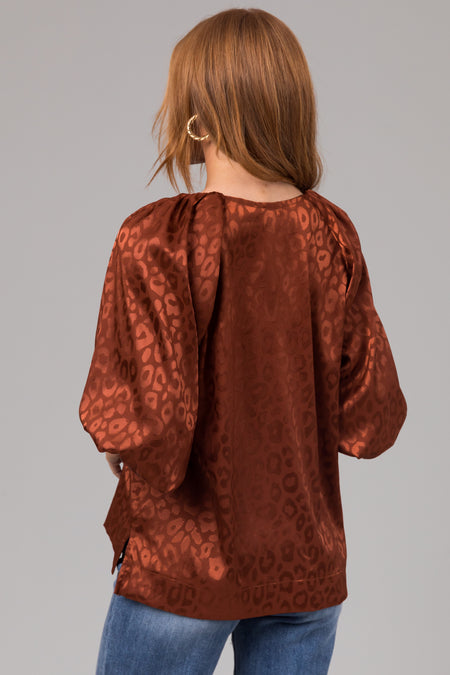 Cinnamon Animal Print Puff Sleeve Satin Top