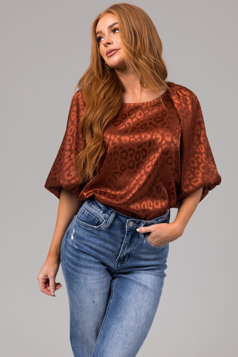 Cinnamon Animal Print Puff Sleeve Satin Top