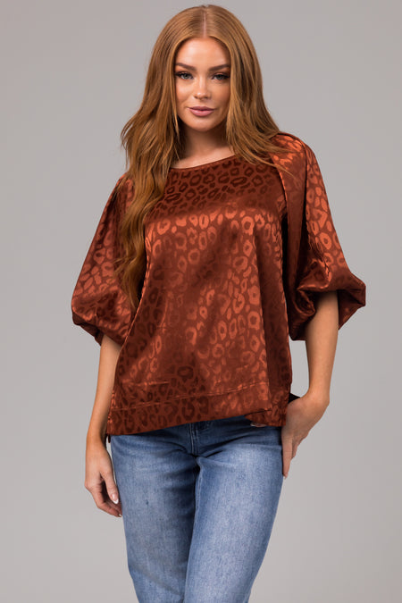 Cinnamon Animal Print Puff Sleeve Satin Top