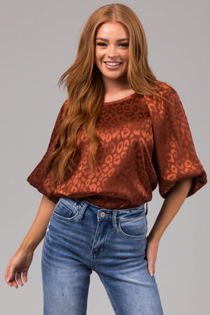 Cinnamon Animal Print Puff Sleeve Satin Top