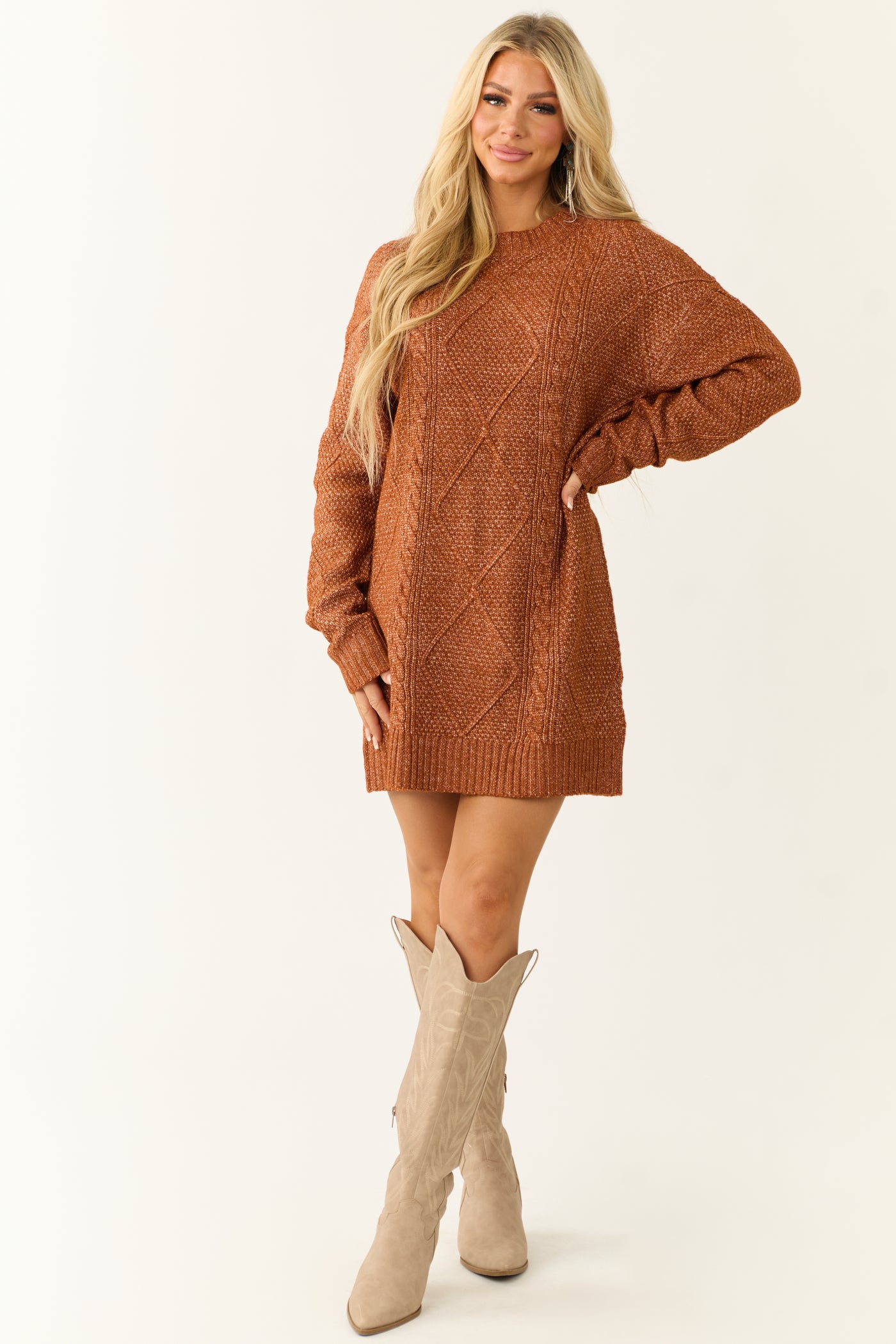 Cinnamon Cable Knit Loose Fit Short Sweater Dress