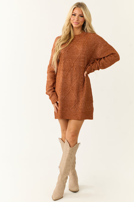 Cinnamon Cable Knit Loose Fit Short Sweater Dress