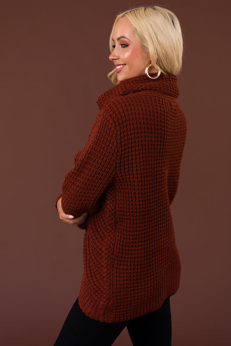 Cinnamon Cowl Neck Tulip Hem Wrap Knit Sweater