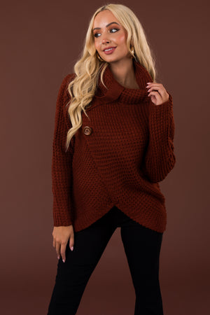 Cinnamon Cowl Neck Tulip Hem Wrap Knit Sweater