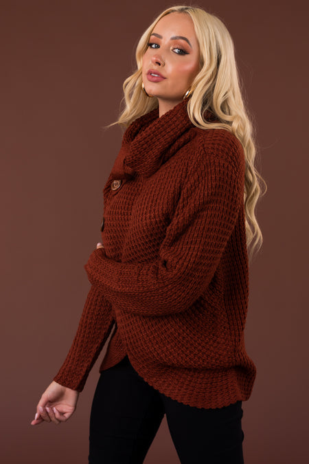 Cinnamon Cowl Neck Tulip Hem Wrap Knit Sweater