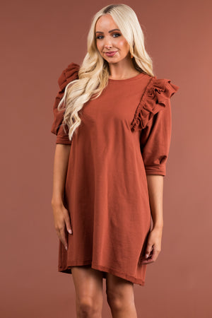 Cinnamon French Terry Ruffle Sleeve Short Dress