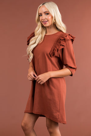 Cinnamon French Terry Ruffle Sleeve Short Dress