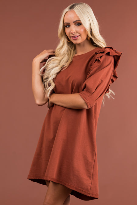 Cinnamon French Terry Ruffle Sleeve Short Dress