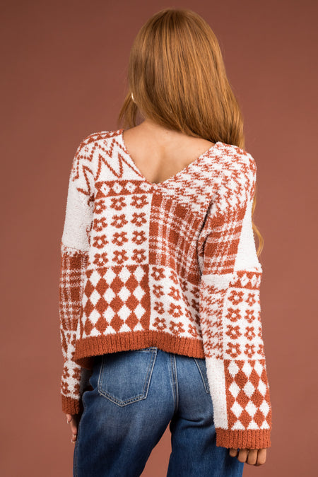 Cinnamon Multi Printed Soft V Neck Sweater