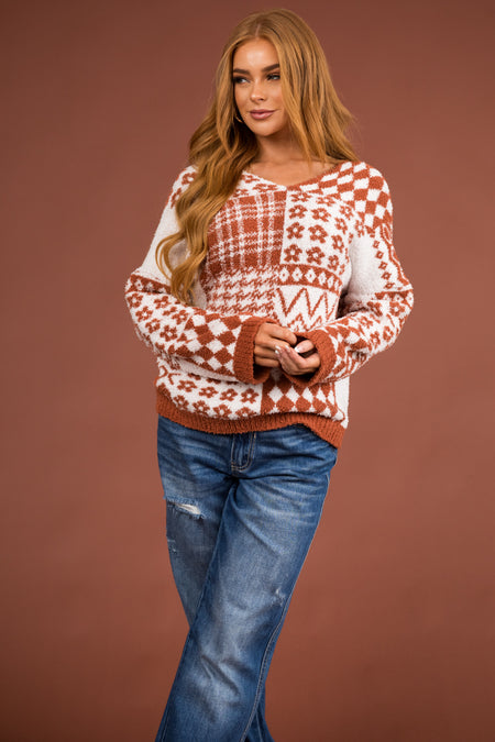 Cinnamon Multi Printed Soft V Neck Sweater