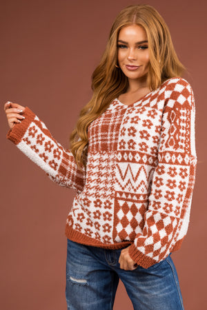 Cinnamon Multi Printed Soft V Neck Sweater