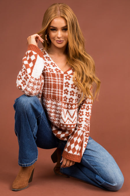 Cinnamon Multi Printed Soft V Neck Sweater