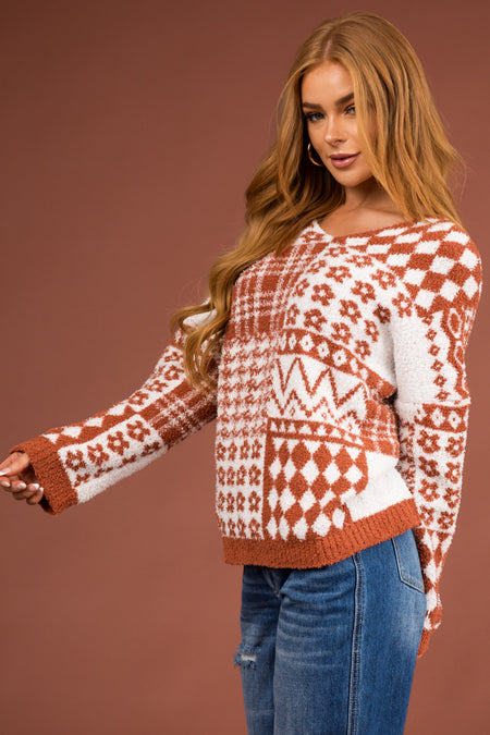 Cinnamon Multi Printed Soft V Neck Sweater