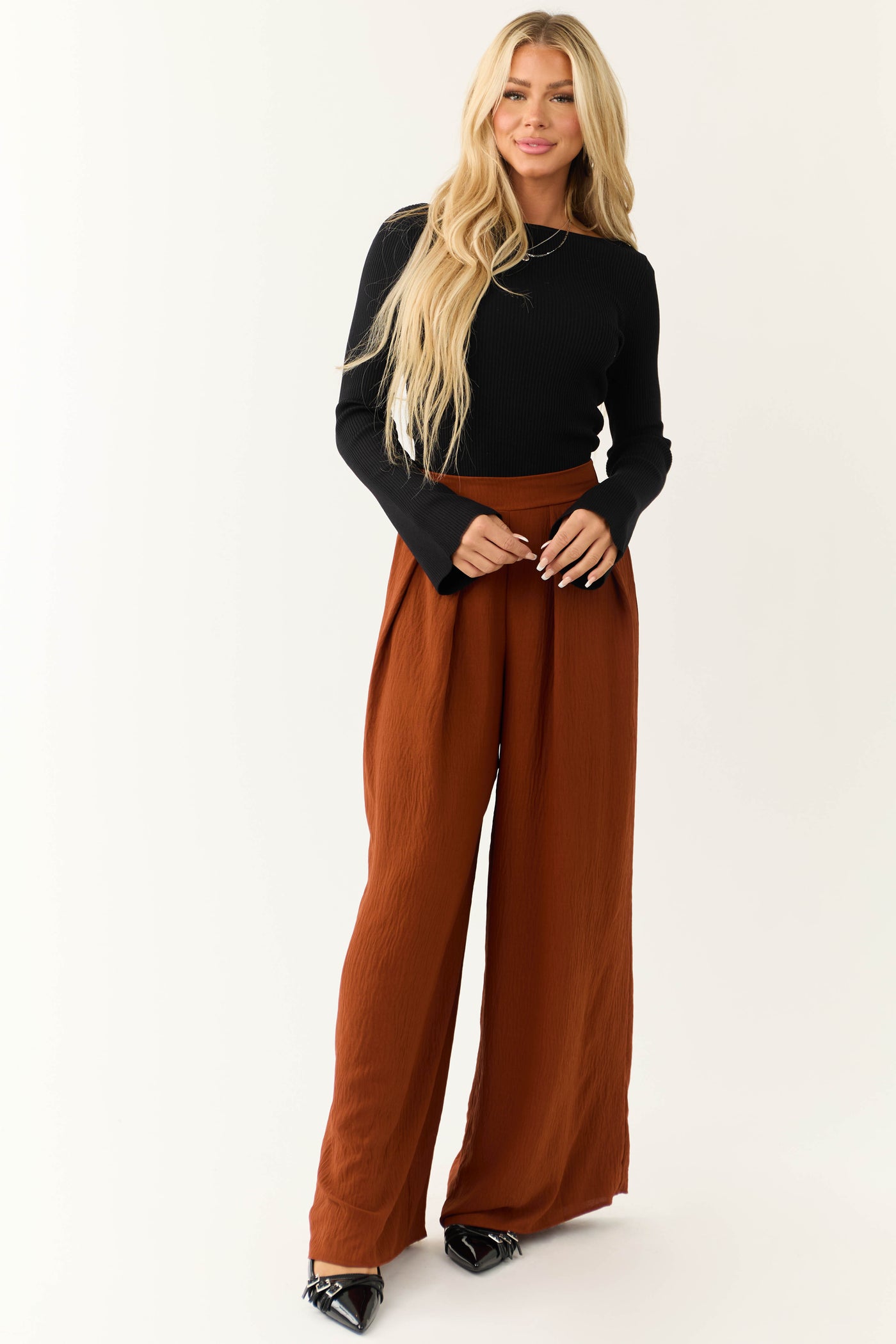 Cinnamon Pleated Wide Leg Flowy Elastic Waist Pants