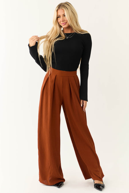 Cinnamon Pleated Wide Leg Flowy Elastic Waist Pants