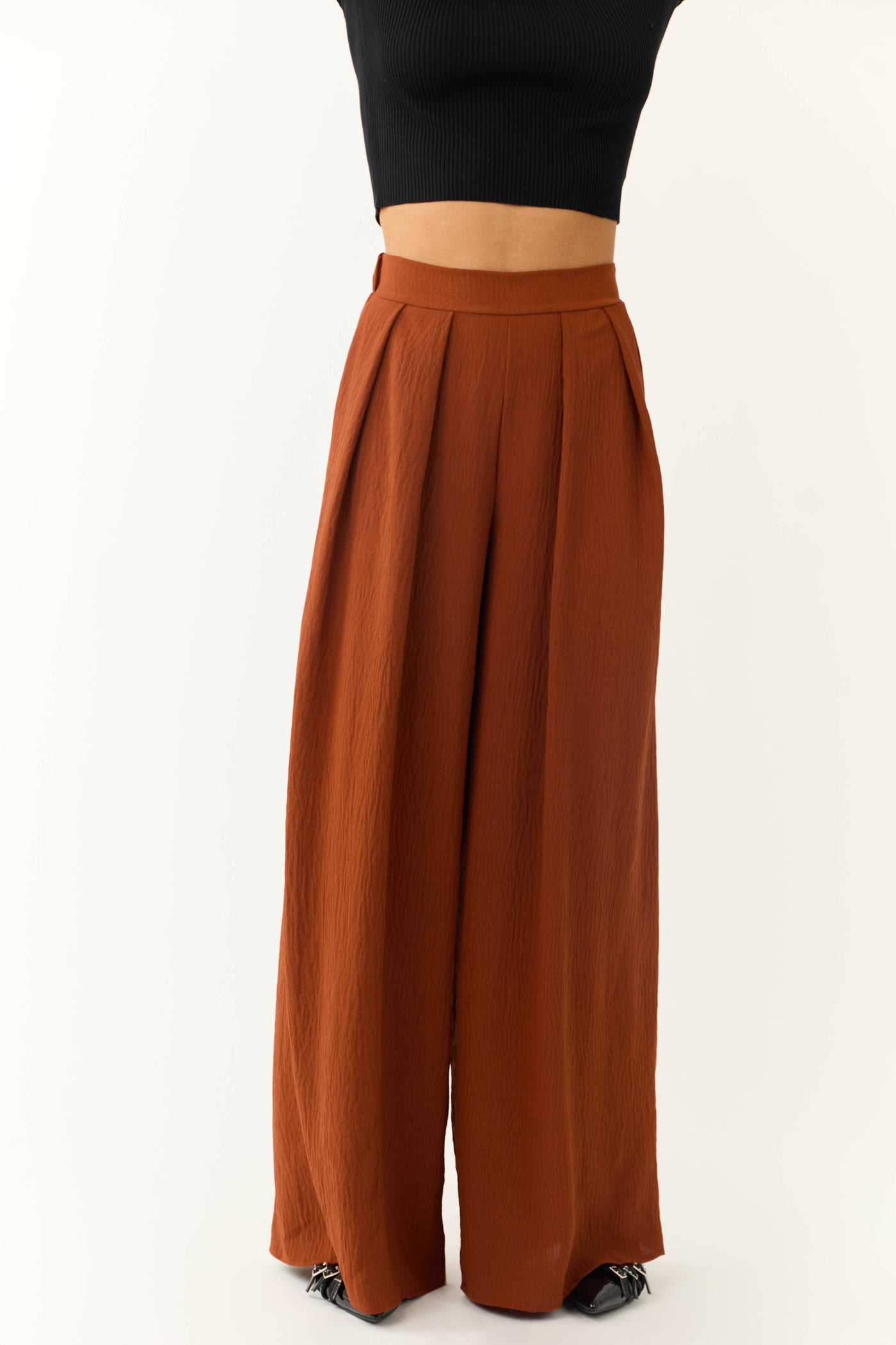 Cinnamon Pleated Wide Leg Flowy Elastic Waist Pants