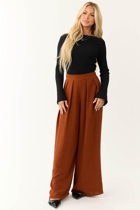 Cinnamon Pleated Wide Leg Flowy Elastic Waist Pants