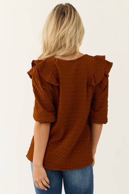 Cinnamon Ruffle Shoulder Textured Jacquard Top