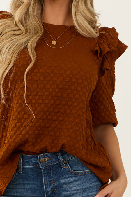 Cinnamon Ruffle Shoulder Textured Jacquard Top