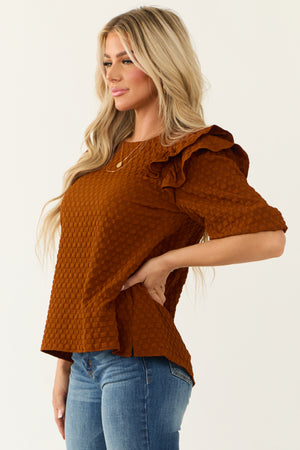 Cinnamon Ruffle Shoulder Textured Jacquard Top