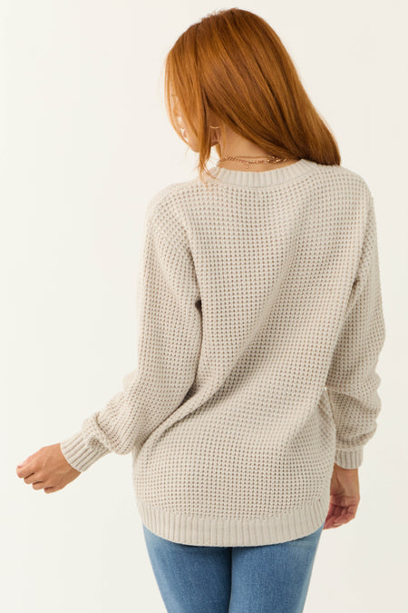 Cloud Grey Thick Waffle Knit Curved Hem Sweater