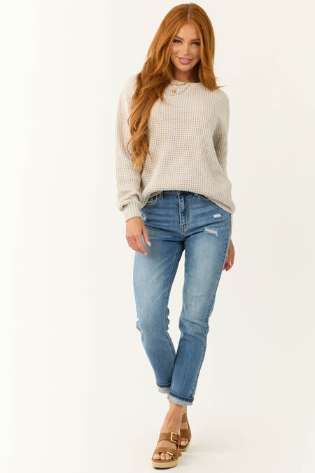 Cloud Grey Thick Waffle Knit Curved Hem Sweater