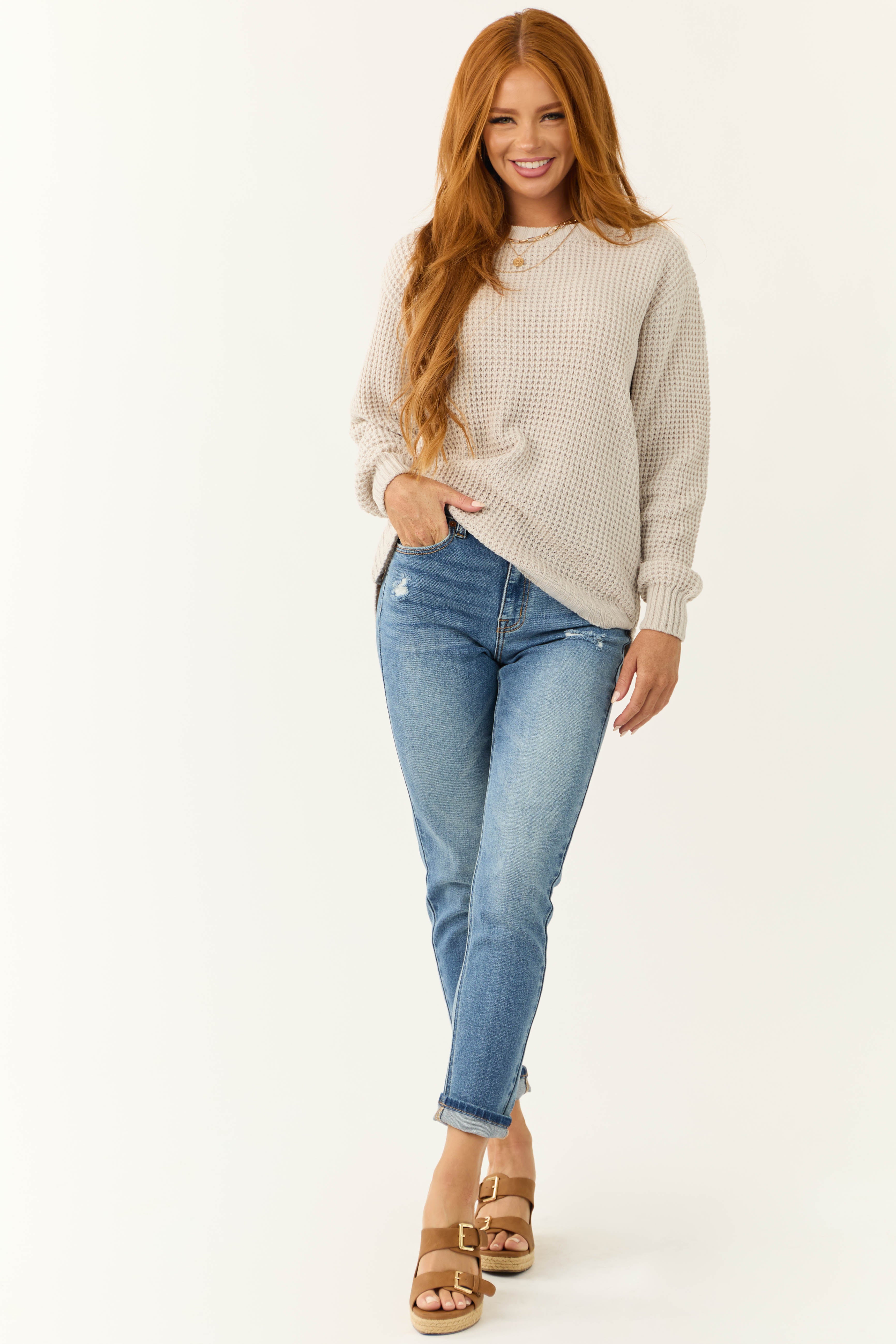 Cloud Grey Thick Waffle Knit Curved Hem Sweater