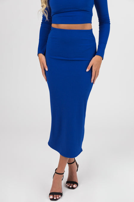 Cobalt Blue Ribbed Mock Neck Top and Maxi Skirt Set