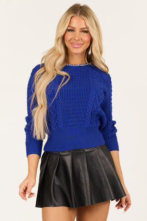 Cobalt Chain Embellished Open Back Cable Knit Sweater