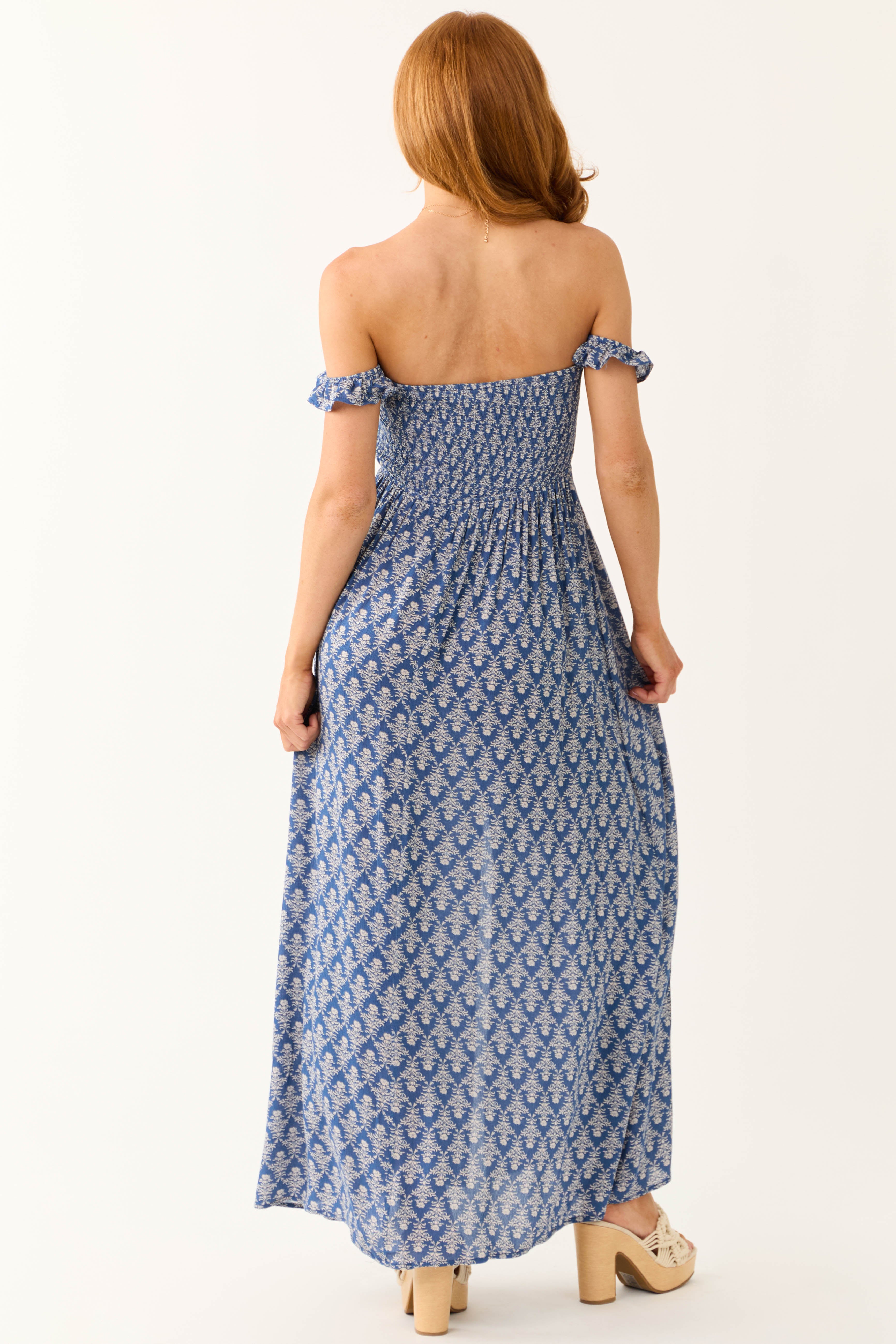 Cobalt Printed Off the Shoulder Maxi Dress