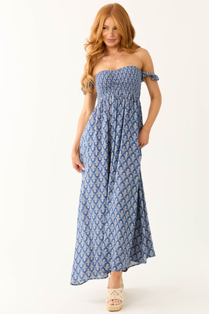 Cobalt Printed Off the Shoulder Maxi Dress