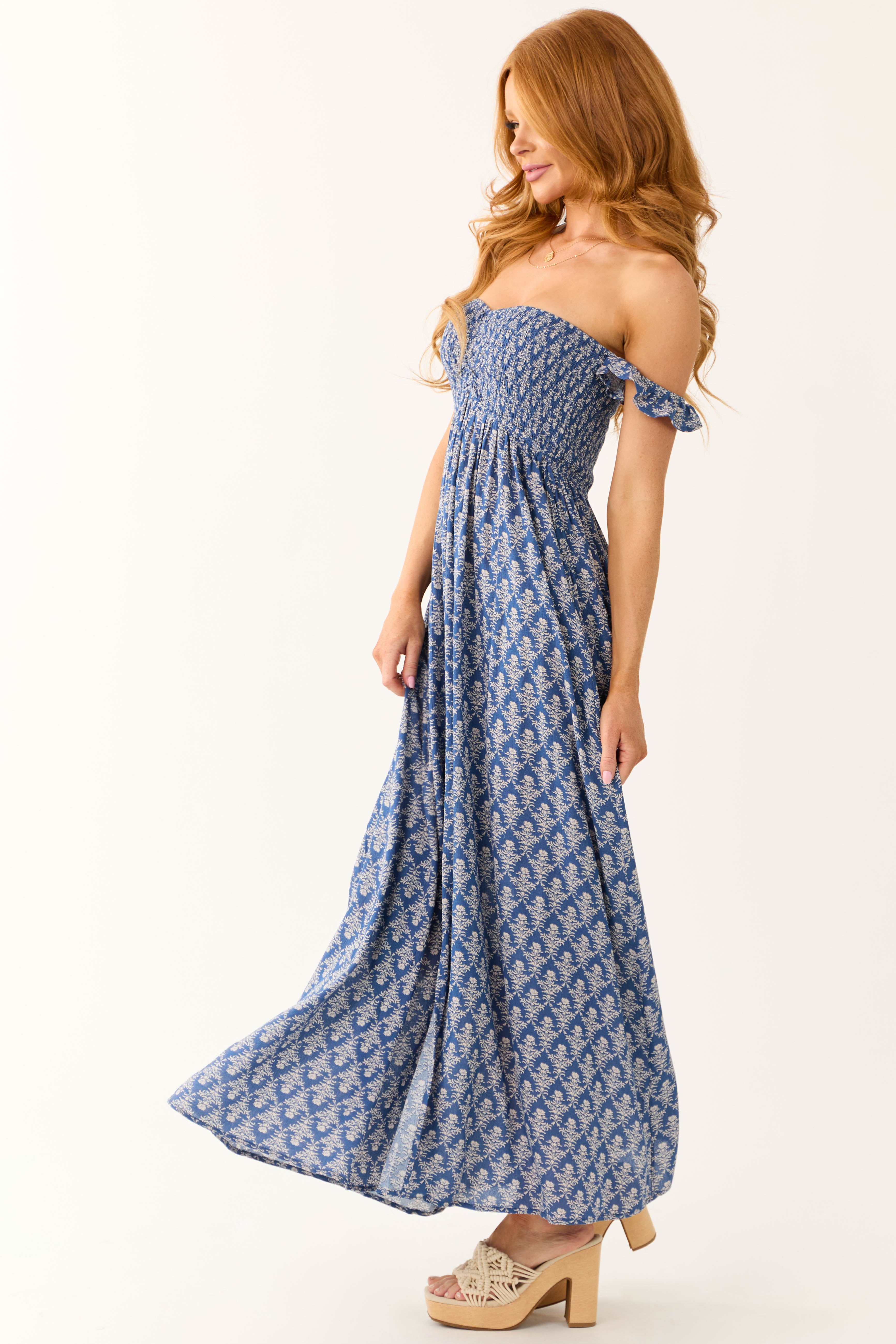 Cobalt Printed Off the Shoulder Maxi Dress