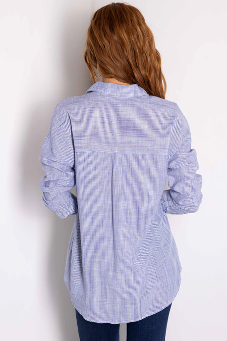 Cobalt Striped Button Down Long Sleeve Top