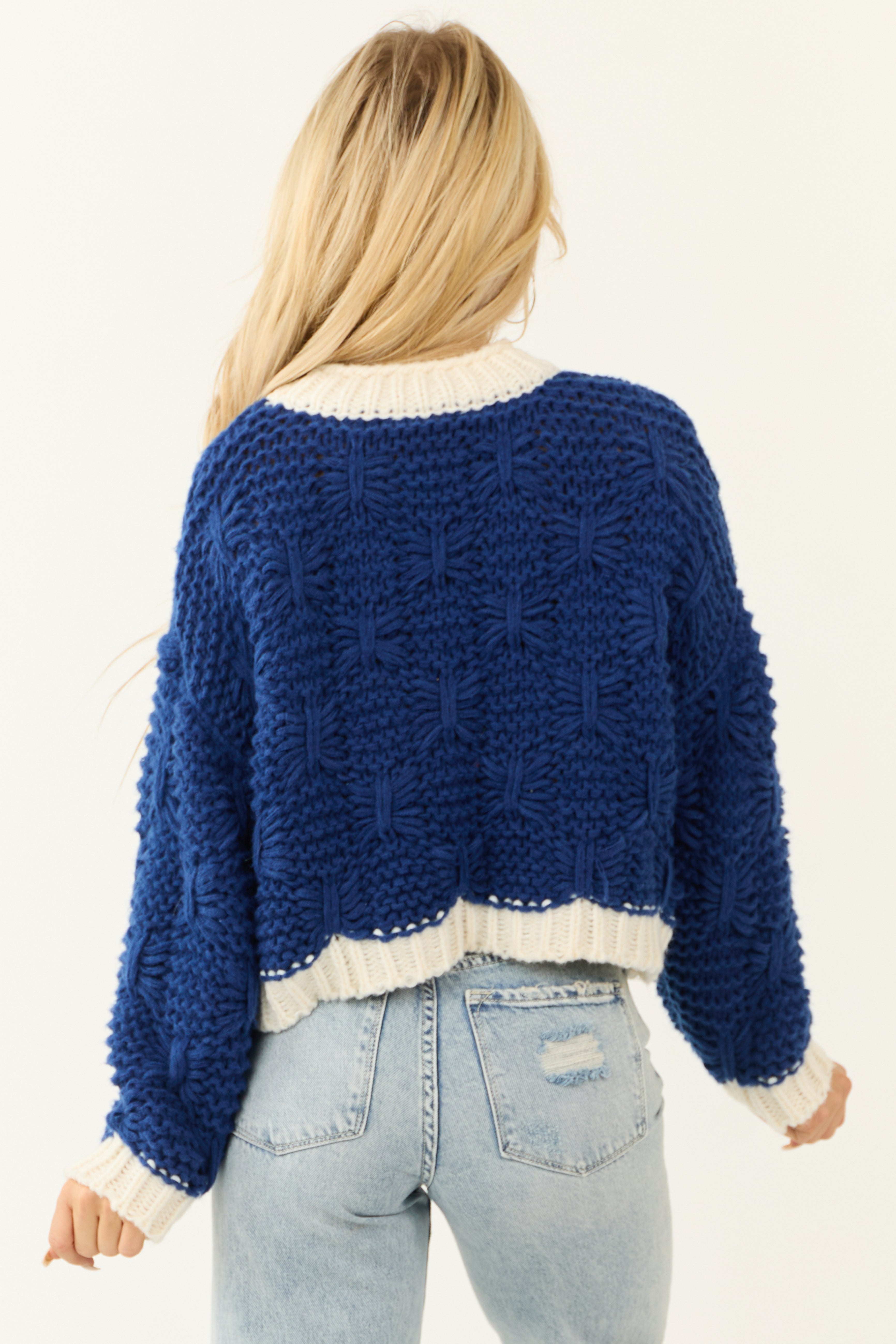 Cobalt and Cream Long Sleeve Knit Sweater