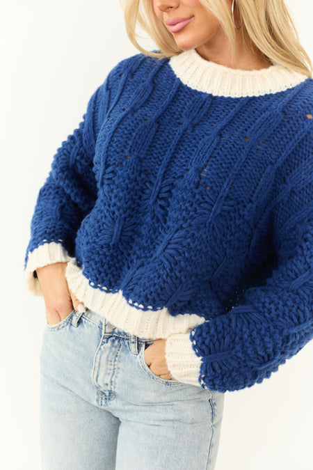 Cobalt and Cream Long Sleeve Knit Sweater