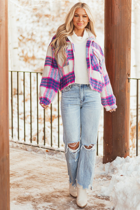 Cobalt and Fuchsia Plaid Zip Up Fuzzy Jacket